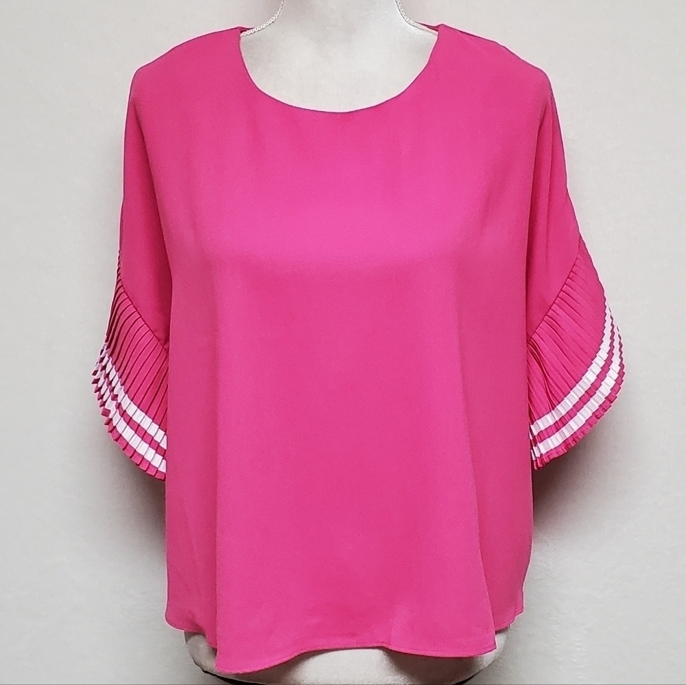 ONTWELFTH Pink White Striped Pleated Bell Sleeve Cropped Boxy Sloucy Blouse S